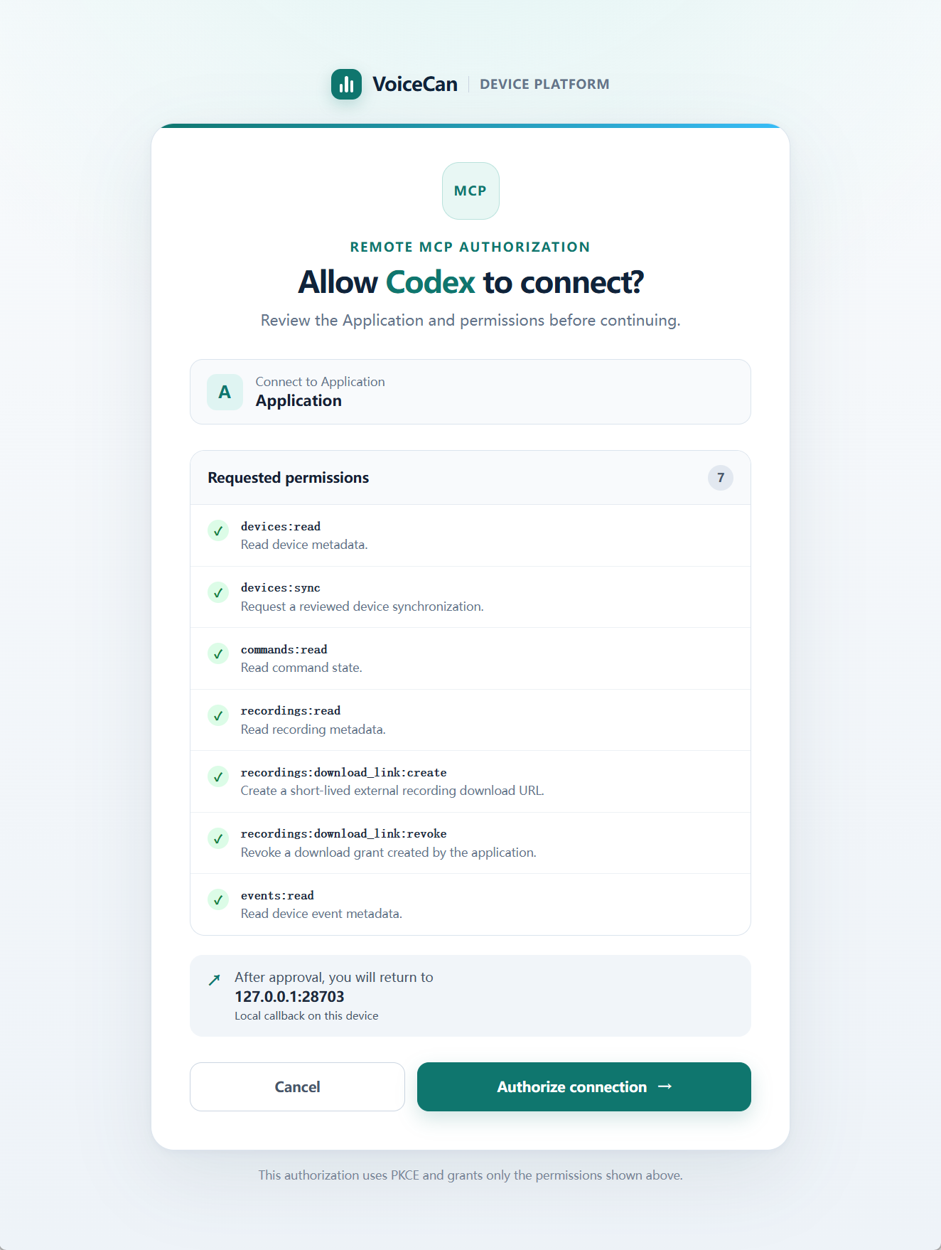 Codex remote MCP authorization page showing Application permissions and callback address