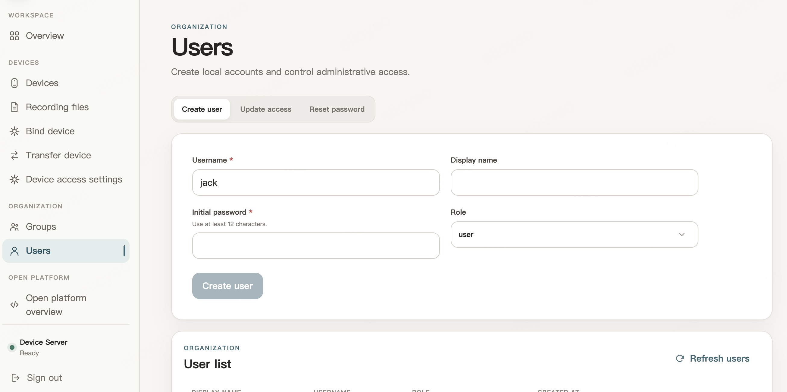 Voicecan Device Platform local user creation and role management interface