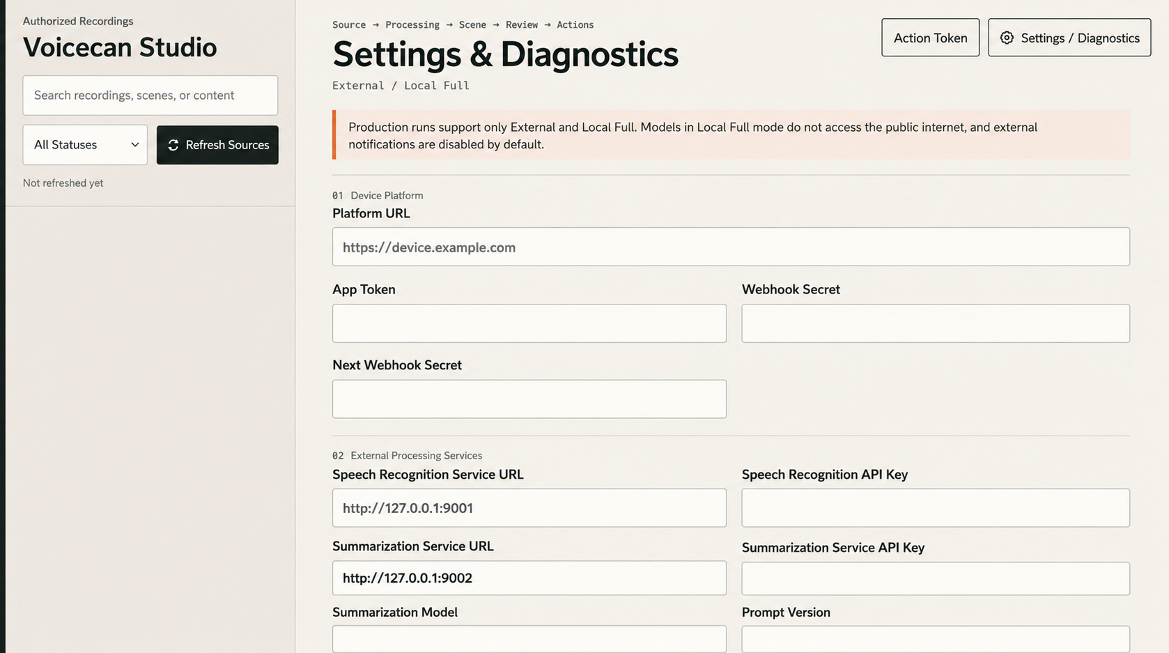 Voicecan Studio External setup and diagnostics form