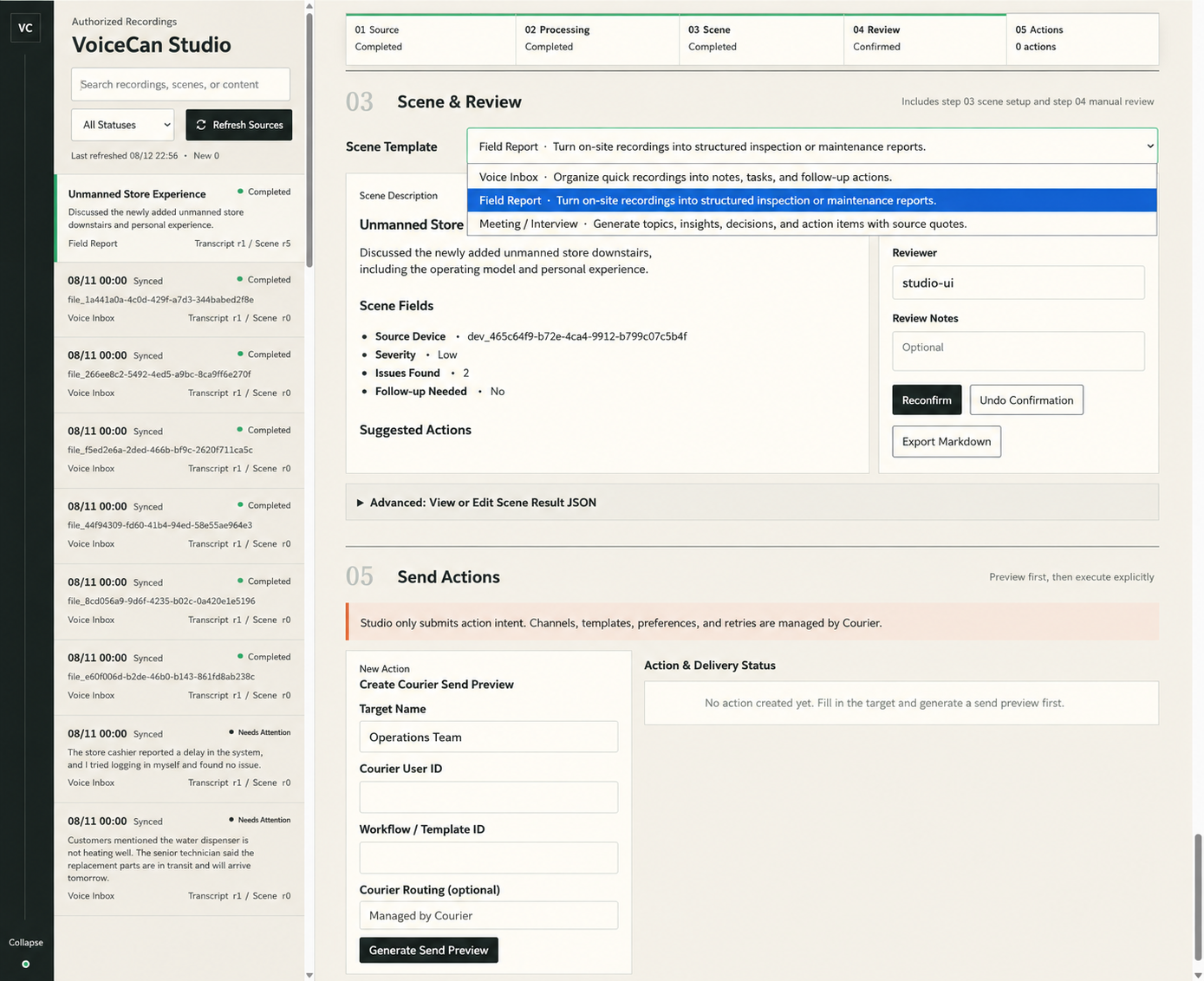 Voicecan Studio recording processing, Field Report review and action preview interface