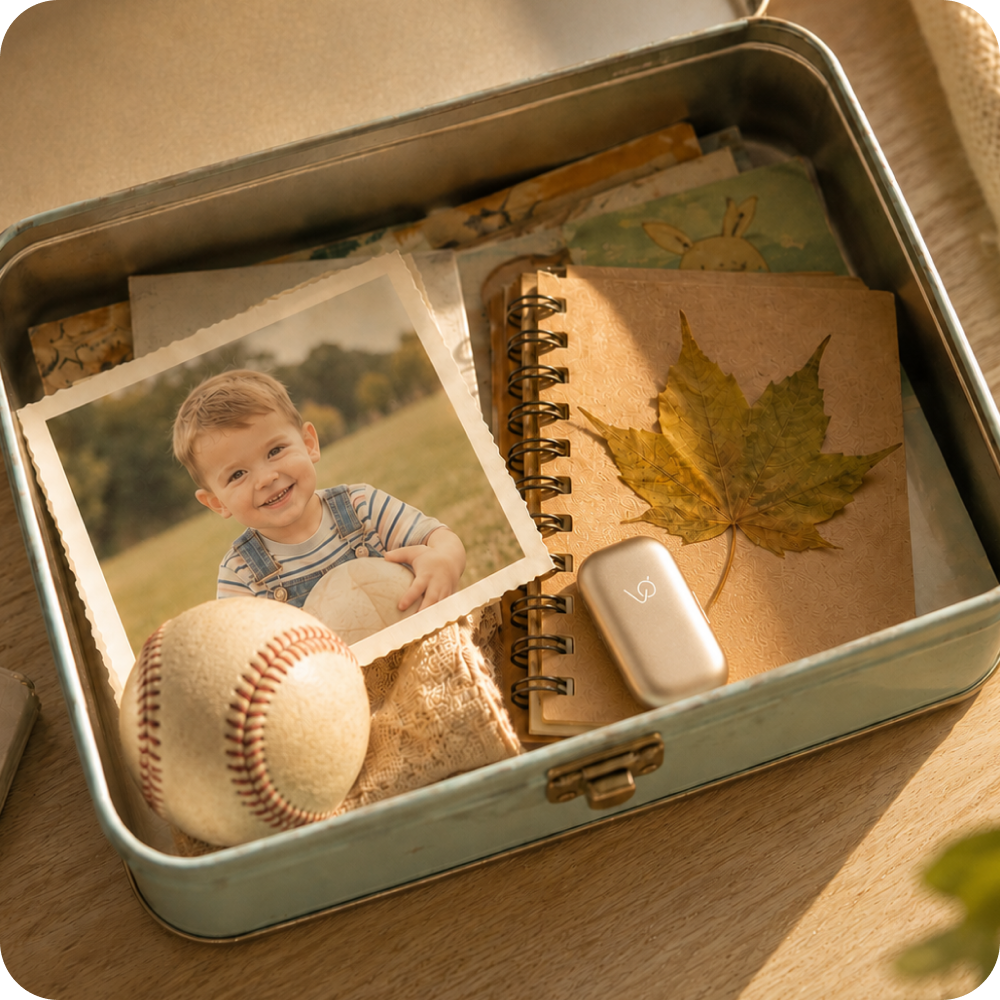 A keepsake box with a photo, notebook, and Voicecan device