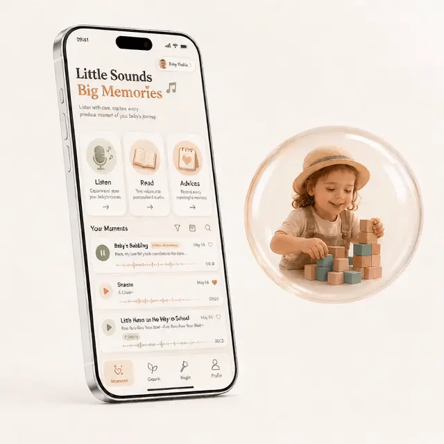 Voicecan mobile app showing saved clips and baby bubbles