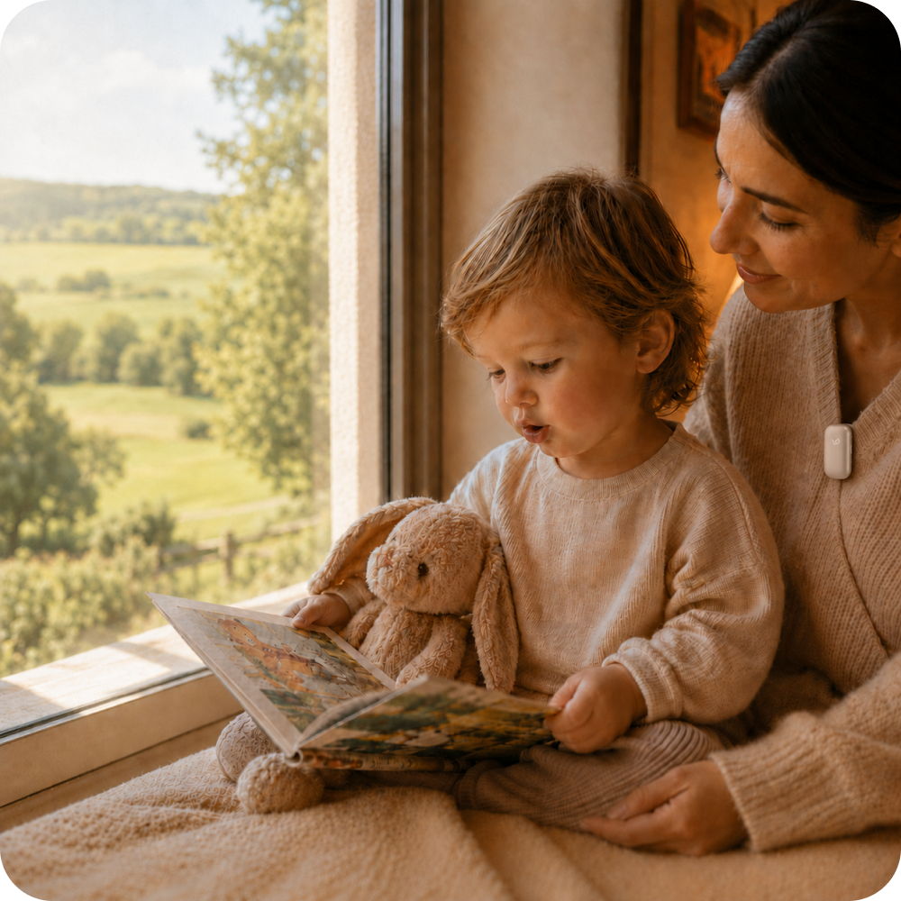 A parent and child reading together by a window